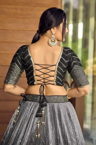 BLACK THREAD & SEQUINS EMBROIDERED WITH CHINON FABRIC DESIGNER BRIDAL WEDDING PARTY WEAR FESTIVAL SEMI STITCHED LEHENGA
