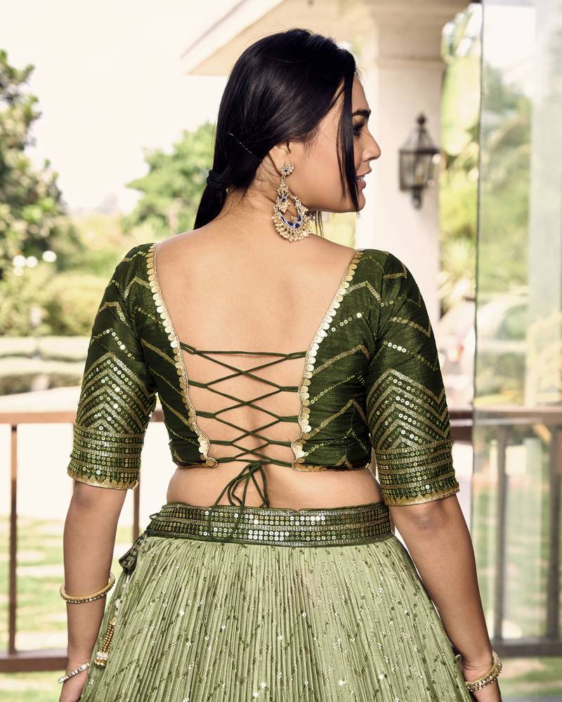 GREEN THREAD & SEQUINS EMBROIDERED WITH CHINON FABRIC DESIGNER BRIDAL WEDDING PARTY WEAR FESTIVAL SEMI STITCHED LEHENGA