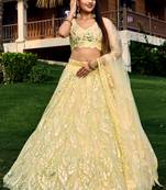 YELLOW THREAD & SEQUINS EMBROIDERED WITH NET FABRIC DESIGNER WEDDING PARTY WEAR FESTIVAL SEMI STITCHED LEHENGA CHOLI