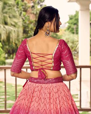 PINK THREAD & SEQUINS EMBROIDERED WITH CHINON FABRIC DESIGNER BRIDAL WEDDING & PARTY WEAR FESTIVAL SEMI STITCHED LEHENGA 6