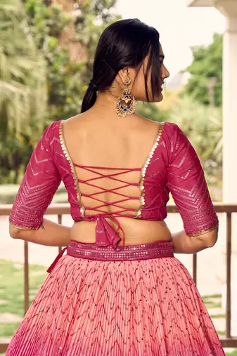 PINK THREAD & SEQUINS EMBROIDERED WITH CHINON FABRIC DESIGNER BRIDAL WEDDING & PARTY WEAR FESTIVAL SEMI STITCHED LEHENGA