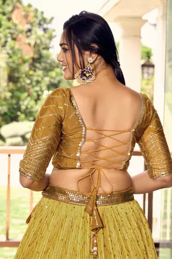 YELLOW THREAD & SEQUINS EMBROIDERED WITH CHINON DESIGNER BRIDAL WEDDING PARTY WEAR FESTIVAL SEMI STITCHED LEHENGA CHOLI