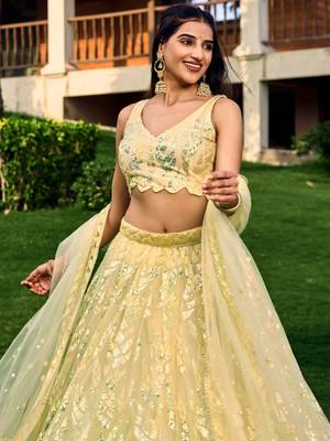 YELLOW THREAD & SEQUINS EMBROIDERED WITH NET FABRIC DESIGNER WEDDING PARTY WEAR FESTIVAL SEMI STITCHED LEHENGA CHOLI 3
