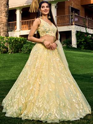 YELLOW THREAD & SEQUINS EMBROIDERED WITH NET FABRIC DESIGNER WEDDING PARTY WEAR FESTIVAL SEMI STITCHED LEHENGA CHOLI 4