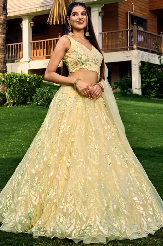 YELLOW THREAD & SEQUINS EMBROIDERED WITH NET FABRIC DESIGNER WEDDING PARTY WEAR FESTIVAL SEMI STITCHED LEHENGA CHOLI