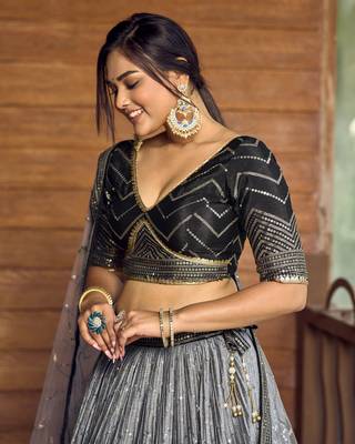 BLACK THREAD & SEQUINS EMBROIDERED WITH CHINON FABRIC DESIGNER BRIDAL WEDDING PARTY WEAR FESTIVAL SEMI STITCHED LEHENGA 7