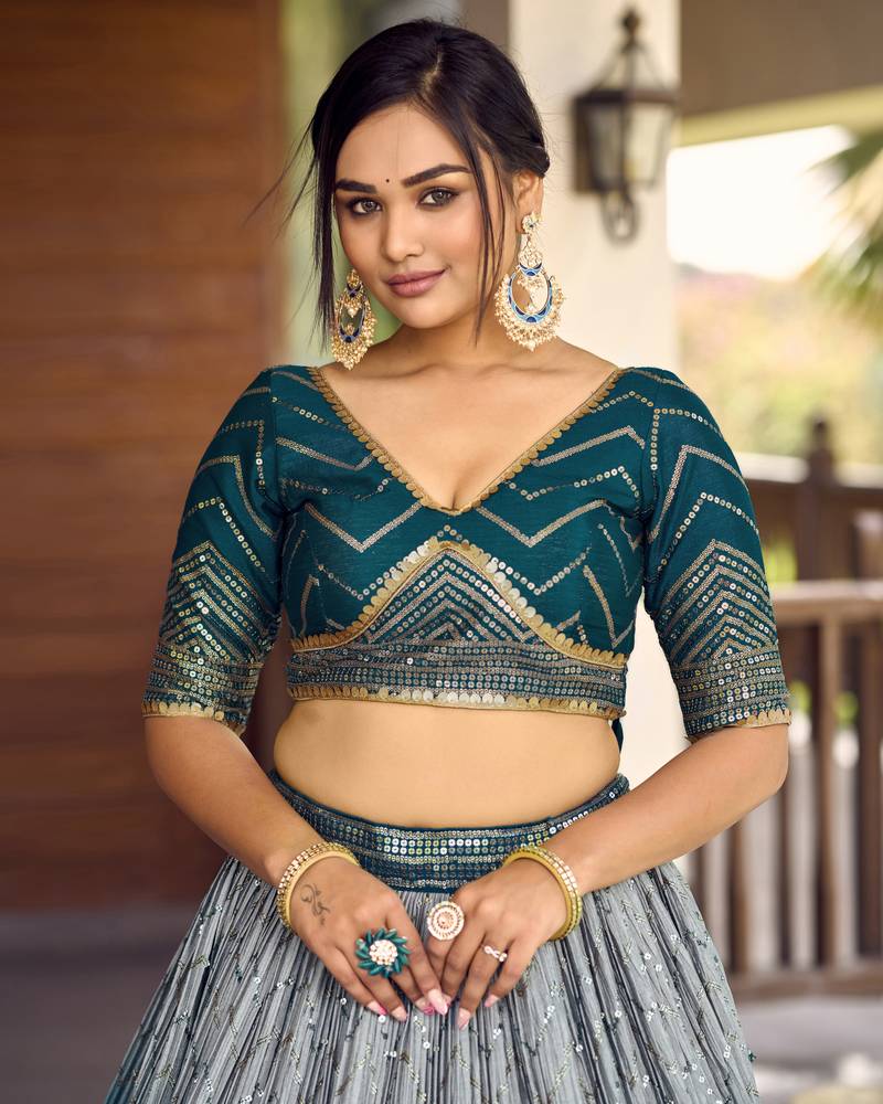 BLUE THREAD & SEQUINS EMBROIDERED WITH CHINON FABRIC DESIGNER BRIDAL WEDDING PARTY WEAR FESTIVAL SEMI STITCHED LEHENGA