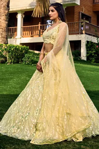 YELLOW THREAD & SEQUINS EMBROIDERED WITH NET FABRIC DESIGNER WEDDING PARTY WEAR FESTIVAL SEMI STITCHED LEHENGA CHOLI