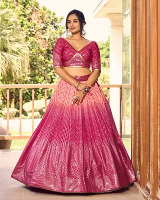 PINK THREAD & SEQUINS EMBROIDERED WITH CHINON FABRIC DESIGNER BRIDAL WEDDING & PARTY WEAR FESTIVAL SEMI STITCHED LEHENGA 7