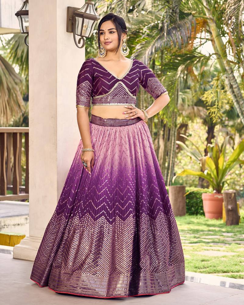 PURPLE THREAD & SEQUINS EMBROIDERED WITH CHINON FABRIC DESIGNER BRIDAL WEDDING PARTY WEAR FESTIVAL SEMI STITCHED LEHENGA