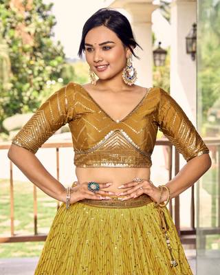YELLOW THREAD & SEQUINS EMBROIDERED WITH CHINON DESIGNER BRIDAL WEDDING PARTY WEAR FESTIVAL SEMI STITCHED LEHENGA CHOLI 7