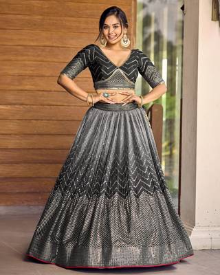 BLACK THREAD & SEQUINS EMBROIDERED WITH CHINON FABRIC DESIGNER BRIDAL WEDDING PARTY WEAR FESTIVAL SEMI STITCHED LEHENGA 8