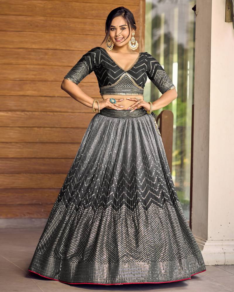 BLACK THREAD & SEQUINS EMBROIDERED WITH CHINON FABRIC DESIGNER BRIDAL WEDDING PARTY WEAR FESTIVAL SEMI STITCHED LEHENGA