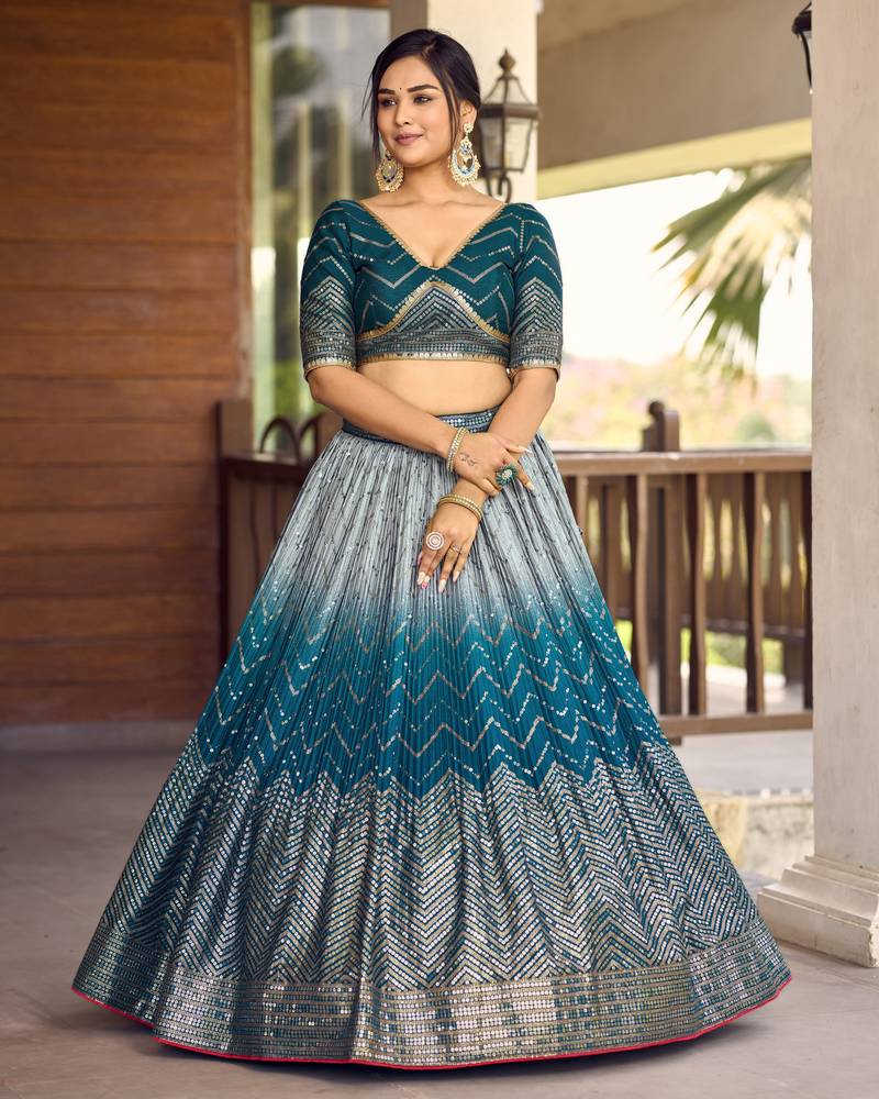BLUE THREAD & SEQUINS EMBROIDERED WITH CHINON FABRIC DESIGNER BRIDAL WEDDING PARTY WEAR FESTIVAL SEMI STITCHED LEHENGA