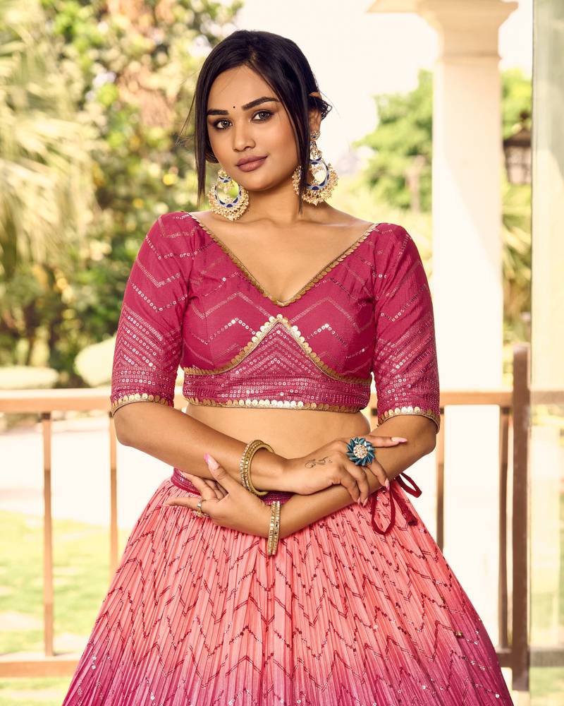 PINK THREAD & SEQUINS EMBROIDERED WITH CHINON FABRIC DESIGNER BRIDAL WEDDING & PARTY WEAR FESTIVAL SEMI STITCHED LEHENGA
