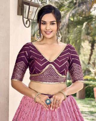 PURPLE THREAD & SEQUINS EMBROIDERED WITH CHINON FABRIC DESIGNER BRIDAL WEDDING PARTY WEAR FESTIVAL SEMI STITCHED LEHENGA 8
