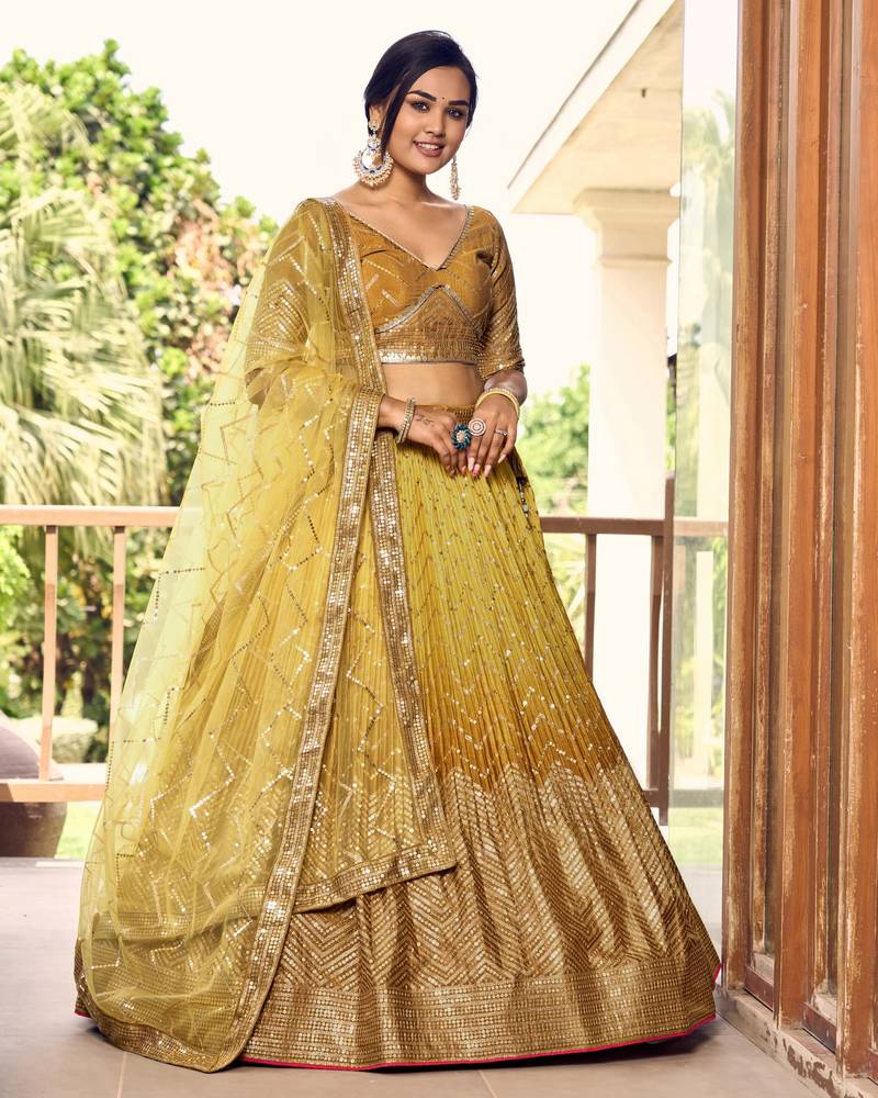 YELLOW THREAD & SEQUINS EMBROIDERED WITH CHINON DESIGNER BRIDAL WEDDING PARTY WEAR FESTIVAL SEMI STITCHED LEHENGA CHOLI