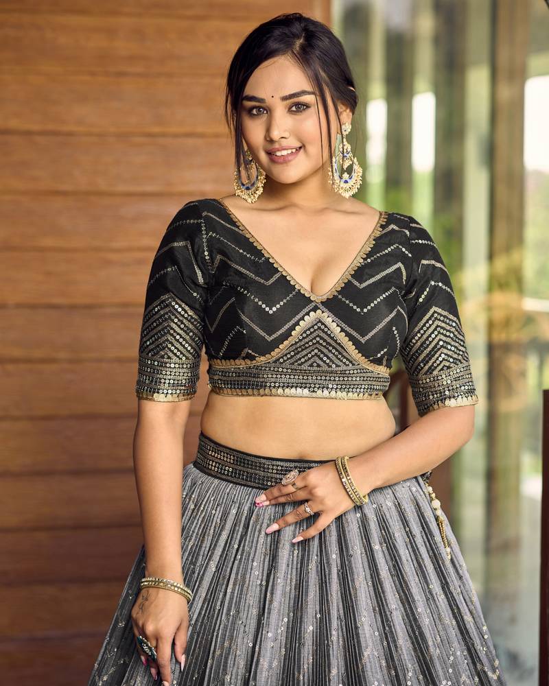 BLACK THREAD & SEQUINS EMBROIDERED WITH CHINON FABRIC DESIGNER BRIDAL WEDDING PARTY WEAR FESTIVAL SEMI STITCHED LEHENGA