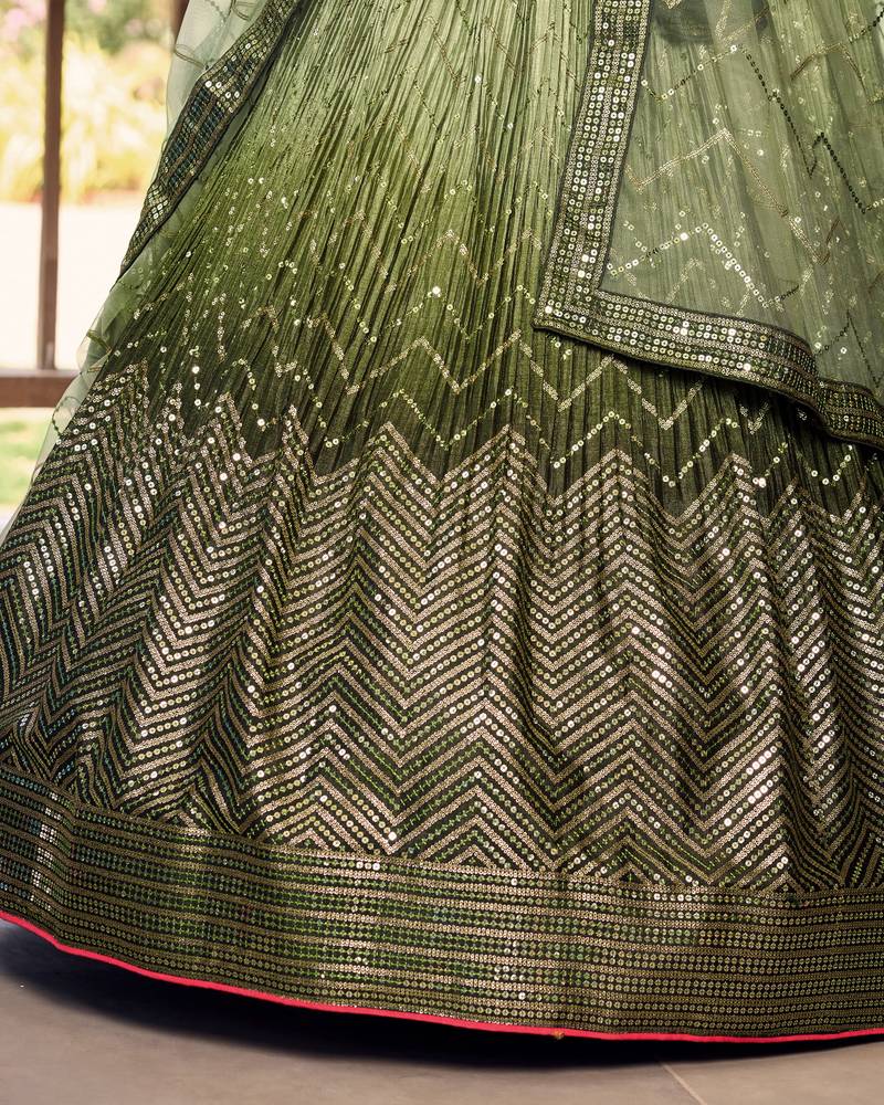 GREEN THREAD & SEQUINS EMBROIDERED WITH CHINON FABRIC DESIGNER BRIDAL WEDDING PARTY WEAR FESTIVAL SEMI STITCHED LEHENGA