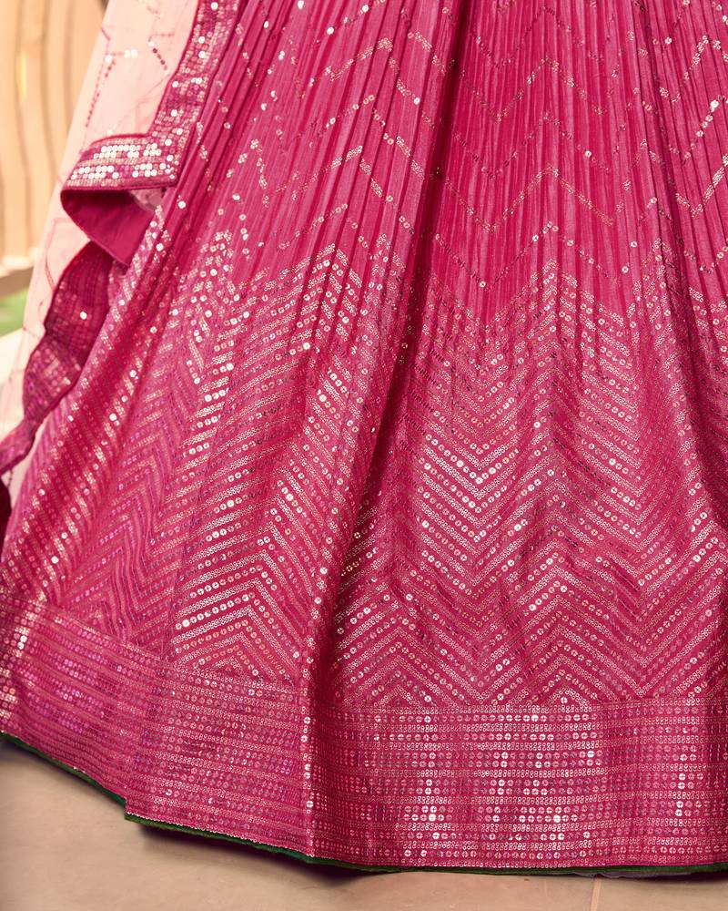 PINK THREAD & SEQUINS EMBROIDERED WITH CHINON FABRIC DESIGNER BRIDAL WEDDING & PARTY WEAR FESTIVAL SEMI STITCHED LEHENGA