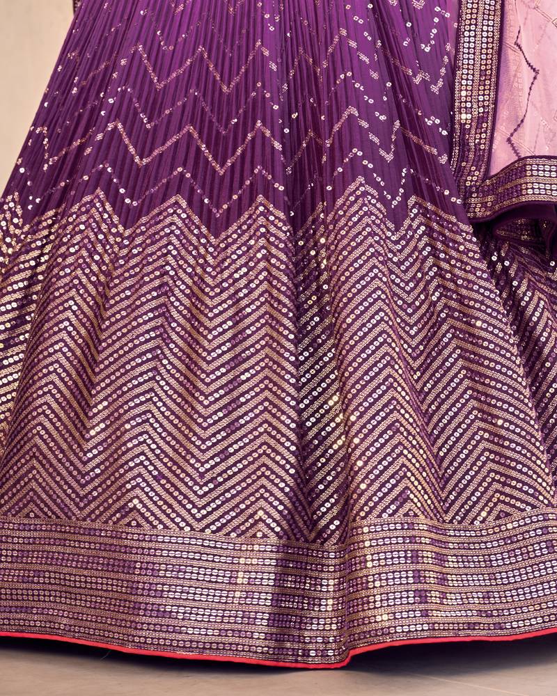 PURPLE THREAD & SEQUINS EMBROIDERED WITH CHINON FABRIC DESIGNER BRIDAL WEDDING PARTY WEAR FESTIVAL SEMI STITCHED LEHENGA
