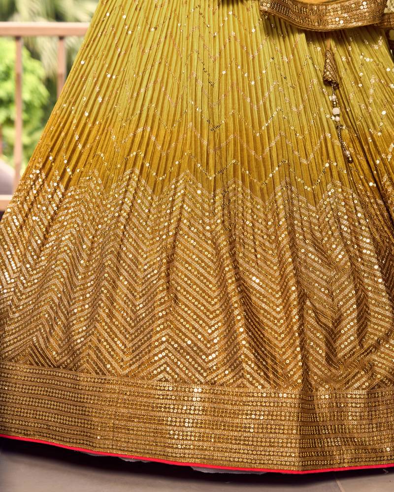 YELLOW THREAD & SEQUINS EMBROIDERED WITH CHINON DESIGNER BRIDAL WEDDING PARTY WEAR FESTIVAL SEMI STITCHED LEHENGA CHOLI