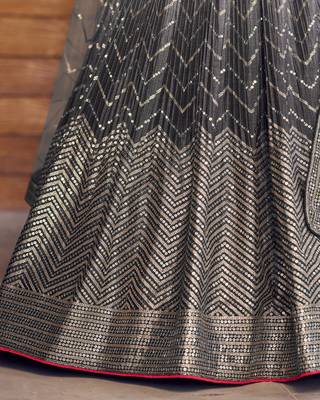 BLACK THREAD & SEQUINS EMBROIDERED WITH CHINON FABRIC DESIGNER BRIDAL WEDDING PARTY WEAR FESTIVAL SEMI STITCHED LEHENGA 10