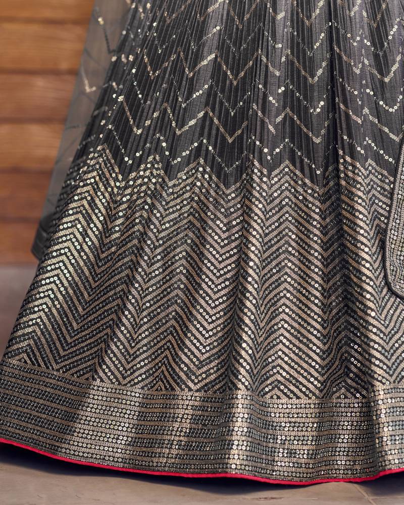BLACK THREAD & SEQUINS EMBROIDERED WITH CHINON FABRIC DESIGNER BRIDAL WEDDING PARTY WEAR FESTIVAL SEMI STITCHED LEHENGA