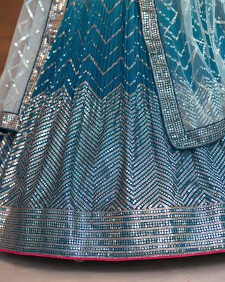 BLUE THREAD & SEQUINS EMBROIDERED WITH CHINON FABRIC DESIGNER BRIDAL WEDDING PARTY WEAR FESTIVAL SEMI STITCHED LEHENGA 10