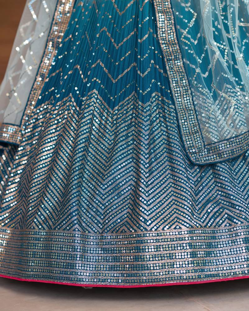 BLUE THREAD & SEQUINS EMBROIDERED WITH CHINON FABRIC DESIGNER BRIDAL WEDDING PARTY WEAR FESTIVAL SEMI STITCHED LEHENGA