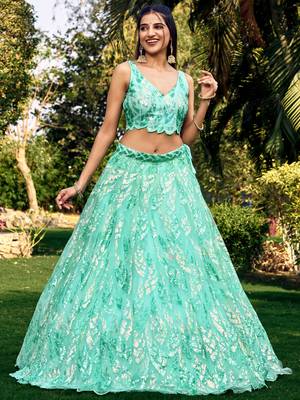 SEA GREEN THREAD & SEQUINS EMBROIDERED WITH NET FABRIC DESIGNER WEDDING PARTY WEAR FESTIVAL SEMI STITCHED LEHENGA CHOLI 6