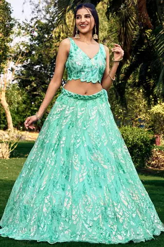 SEA GREEN THREAD & SEQUINS EMBROIDERED WITH NET FABRIC DESIGNER WEDDING PARTY WEAR FESTIVAL SEMI STITCHED LEHENGA CHOLI