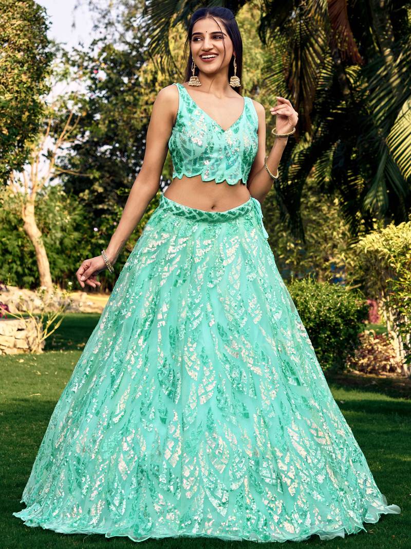 SEA GREEN THREAD & SEQUINS EMBROIDERED WITH NET FABRIC DESIGNER WEDDING PARTY WEAR FESTIVAL SEMI STITCHED LEHENGA CHOLI