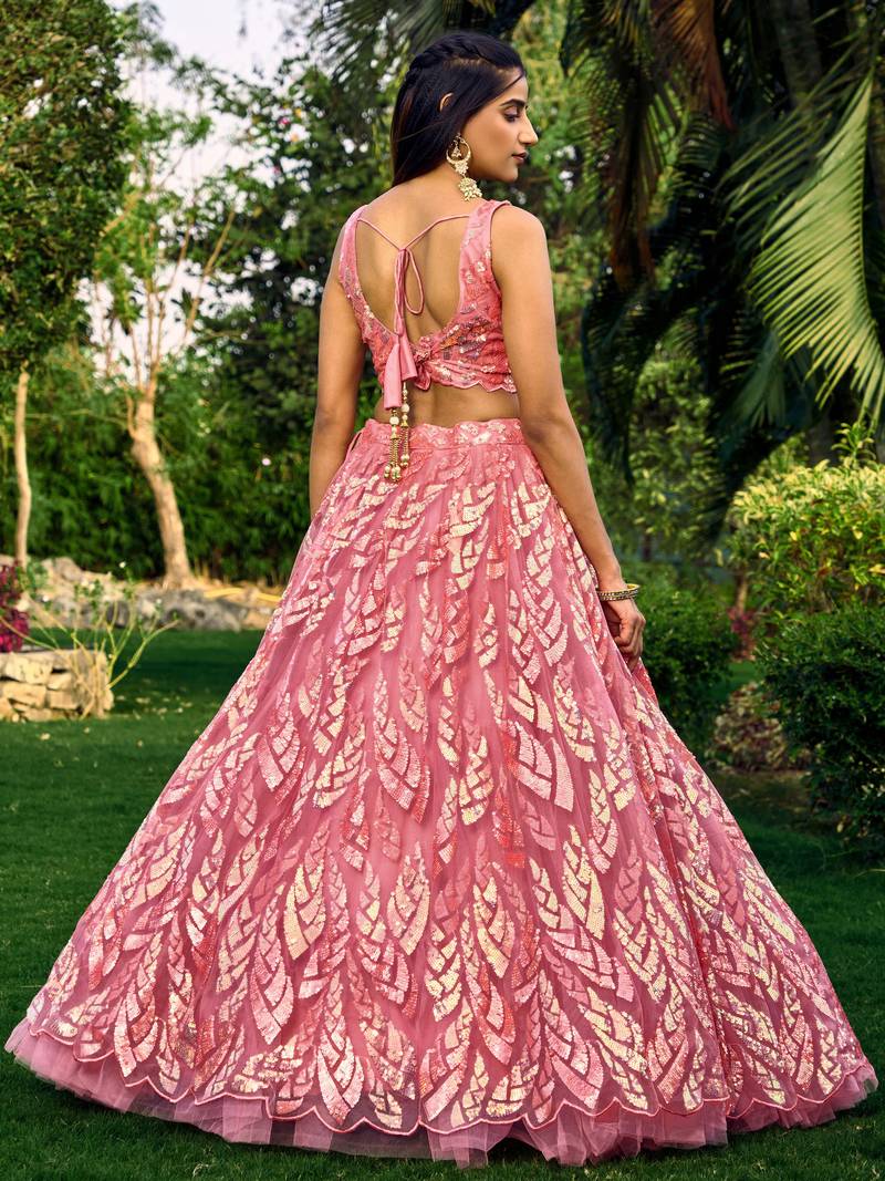 PINK THREAD & SEQUINS EMBROIDERED WITH NET FABRIC DESIGNER WEDDING PARTY WEAR FESTIVAL SEMI STITCHED LEHENGA CHOLI