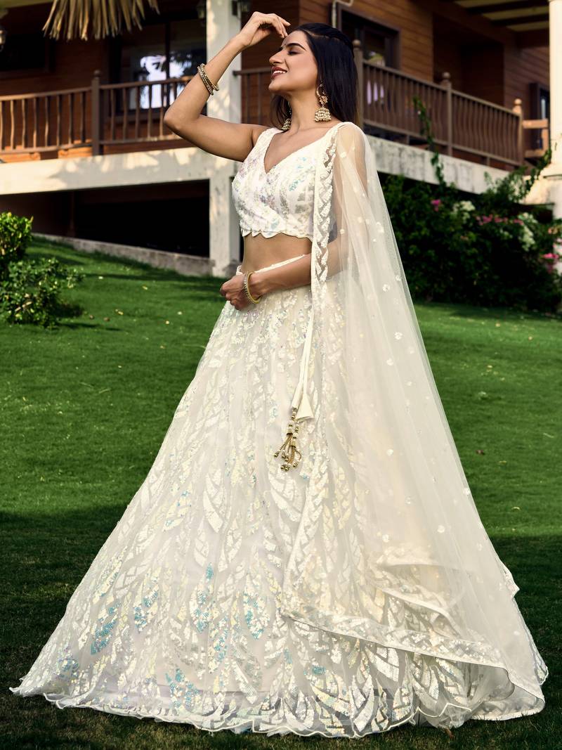 WHITE THREAD & SEQUINS EMBROIDERED WITH NET FABRIC DESIGNER WEDDING PARTY WEAR FESTIVAL SEMI STITCHED LEHENGA CHOLI