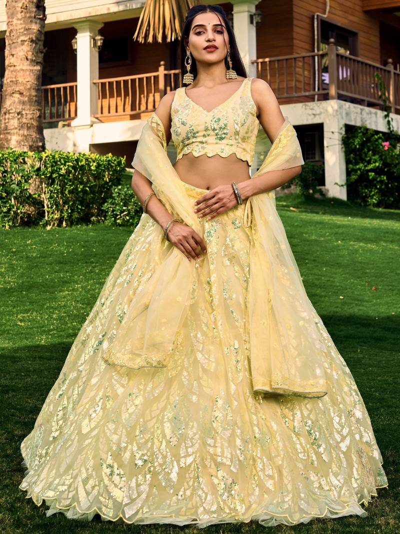 YELLOW THREAD & SEQUINS EMBROIDERED WITH NET FABRIC DESIGNER WEDDING PARTY WEAR FESTIVAL SEMI STITCHED LEHENGA CHOLI