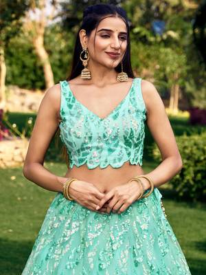 SEA GREEN THREAD & SEQUINS EMBROIDERED WITH NET FABRIC DESIGNER WEDDING PARTY WEAR FESTIVAL SEMI STITCHED LEHENGA CHOLI 7