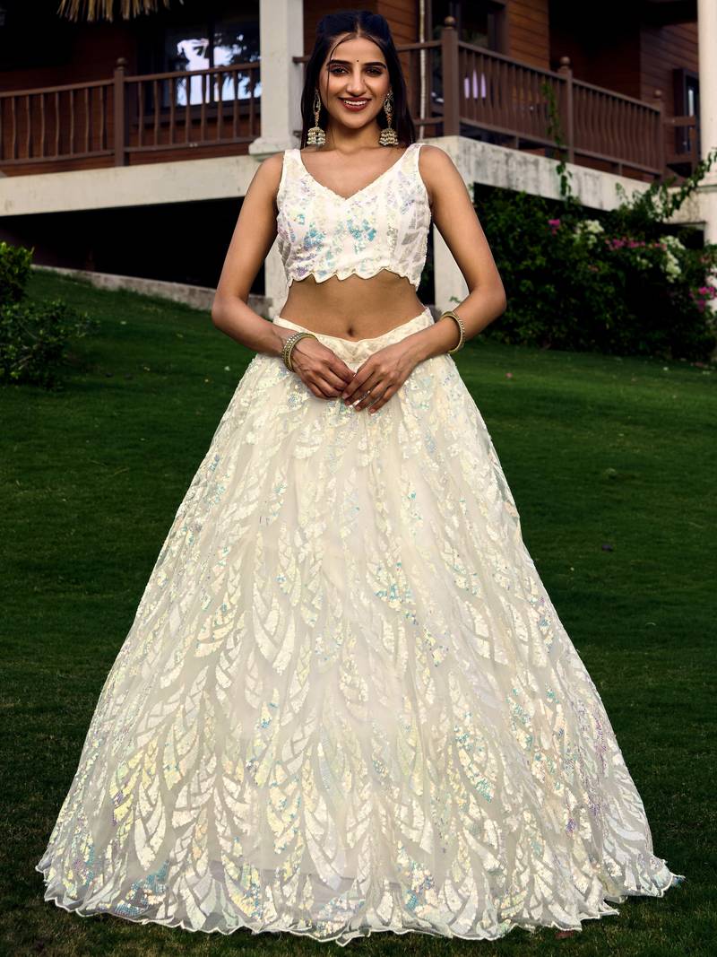 WHITE THREAD & SEQUINS EMBROIDERED WITH NET FABRIC DESIGNER WEDDING PARTY WEAR FESTIVAL SEMI STITCHED LEHENGA CHOLI