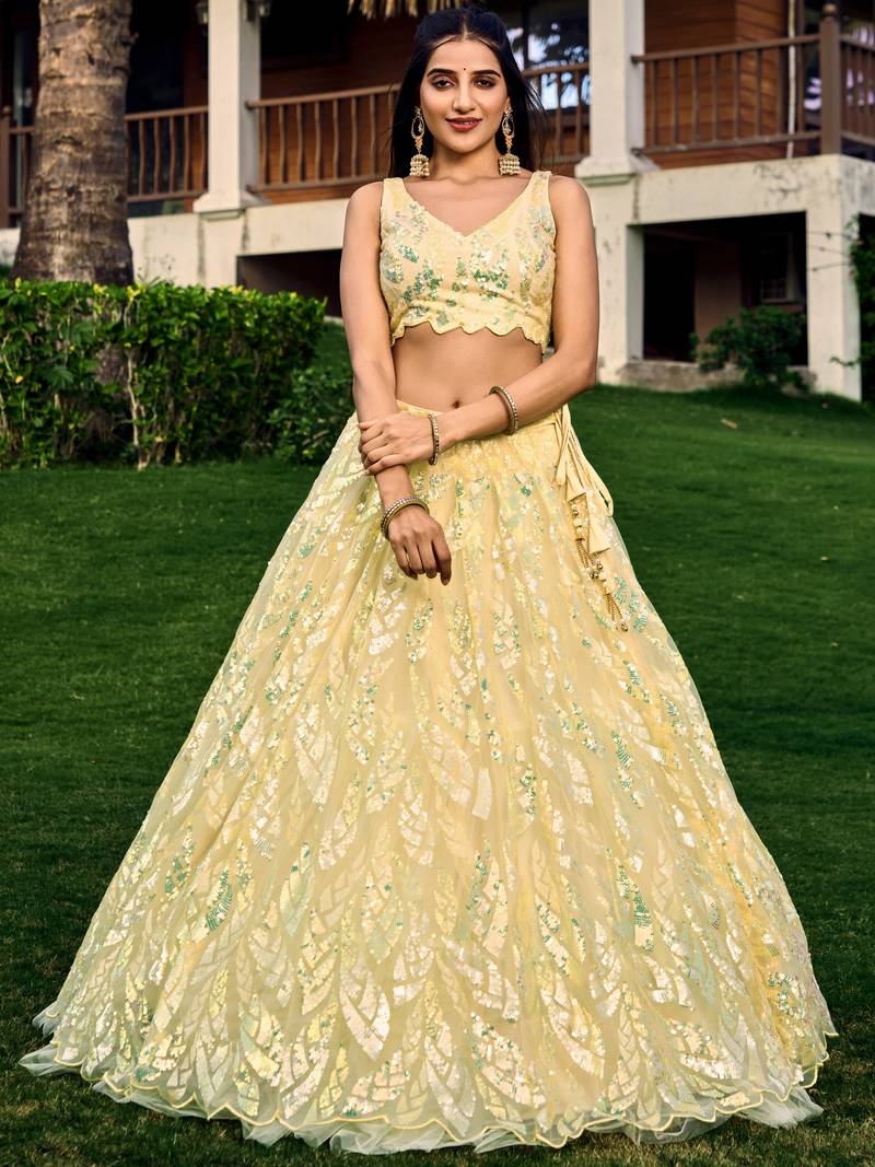 YELLOW THREAD & SEQUINS EMBROIDERED WITH NET FABRIC DESIGNER WEDDING PARTY WEAR FESTIVAL SEMI STITCHED LEHENGA CHOLI