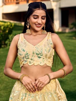 YELLOW THREAD & SEQUINS EMBROIDERED WITH NET FABRIC DESIGNER WEDDING PARTY WEAR FESTIVAL SEMI STITCHED LEHENGA CHOLI 8