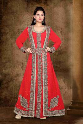 Red color Full Sleeves Handmade Moroccan Kaftan with hijab 1