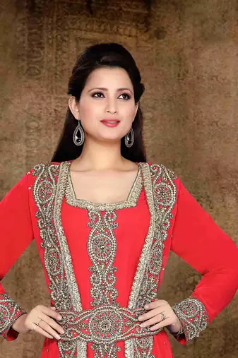 Red color Full Sleeves Handmade Moroccan Kaftan with hijab