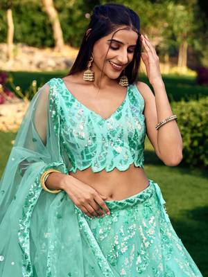 SEA GREEN THREAD & SEQUINS EMBROIDERED WITH NET FABRIC DESIGNER WEDDING PARTY WEAR FESTIVAL SEMI STITCHED LEHENGA CHOLI 10