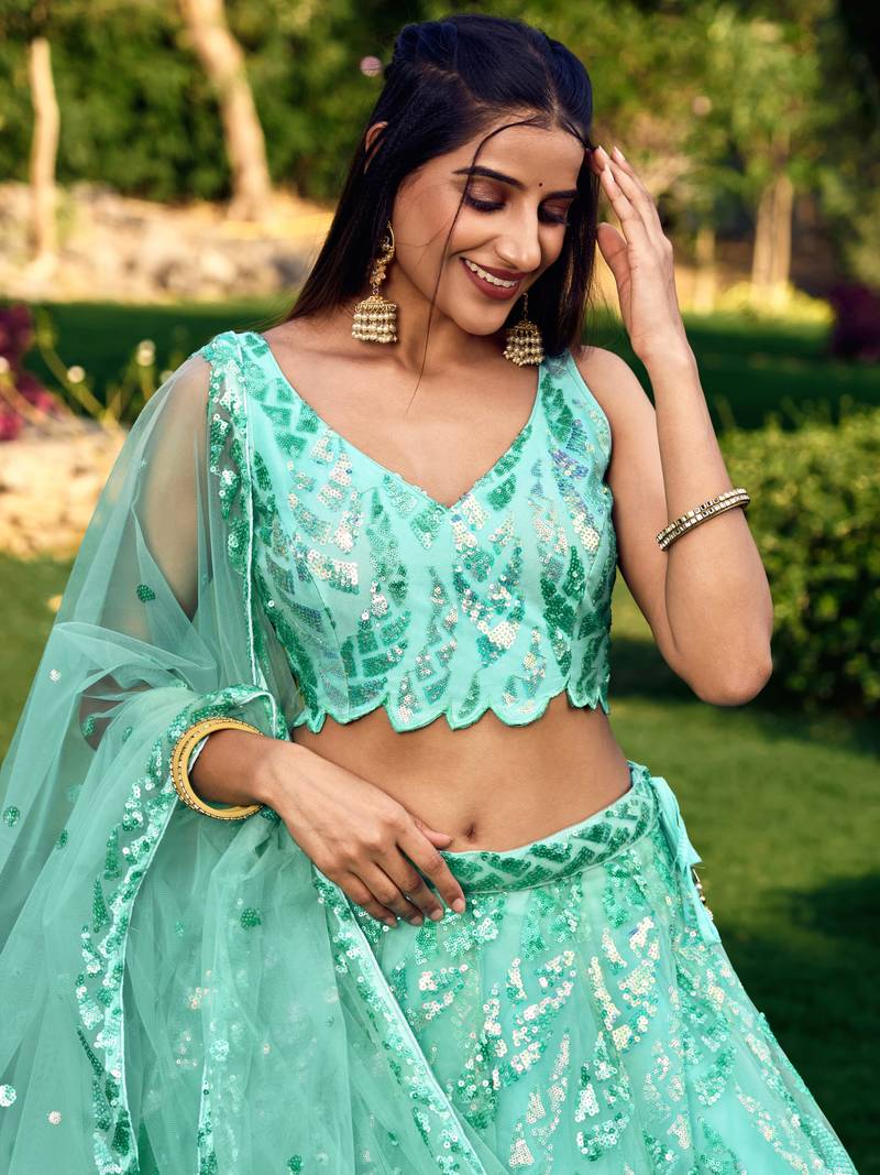 SEA GREEN THREAD & SEQUINS EMBROIDERED WITH NET FABRIC DESIGNER WEDDING PARTY WEAR FESTIVAL SEMI STITCHED LEHENGA CHOLI
