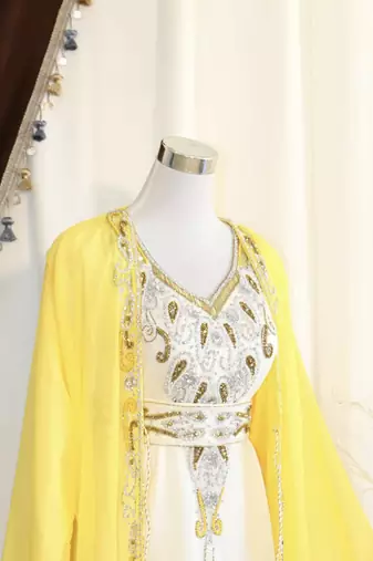 Gold & White Handcrafted Zari work Stitched Dress Georgette Kaftan Party Wear Wedding Dresses