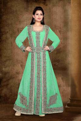 Sea-Green color Full Sleeves Handmade Moroccan Kaftan with hijab 1