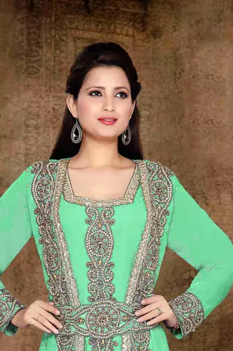 Sea-Green color Full Sleeves Handmade Moroccan Kaftan with hijab