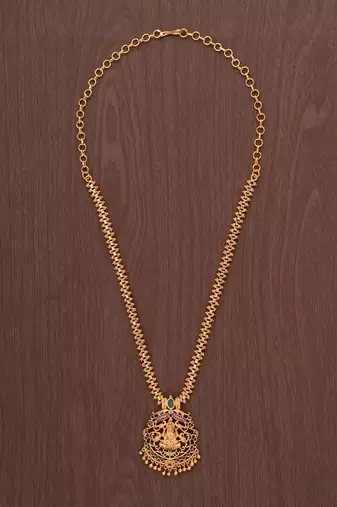 Golden short Laxmi necklace with pink and green stones one gram gold