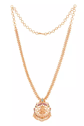 Golden short Laxmi necklace with pink and green stones one gram gold