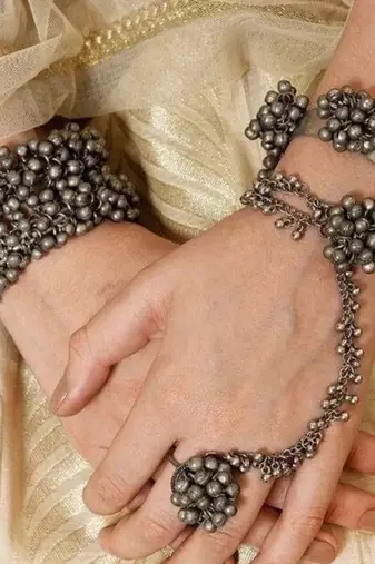 Silver plated hand harness pair with a bangle oxidized traditional bracelet with adjustable ring